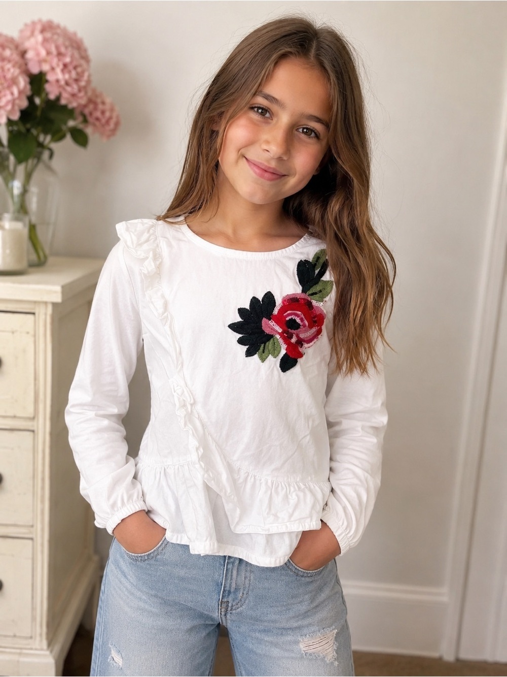 Zara White Long-Sleeve Top with Red Floral Applique